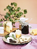 Various cheeses with damson chutney