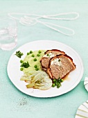 Meatloaf with fennel and mushy peas