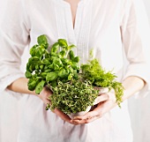 A woman holding three pots of herbs