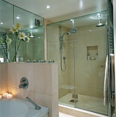 Modern bathroom with glass shower area