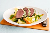 Pork loin with herbs and tagliatelle