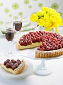 White chocolate tart with raspberries, sliced