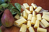 Sbrinz cheese rolls (hard Swiss cheese) and pears