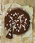 A chocolate cake topped with peppermints