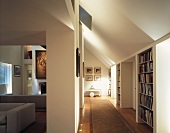 Library and living room in evening ambience