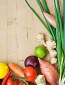 Assorted varieties of vegetables, lemon, lime and ginger