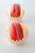 Two pink macaroons in praline cases