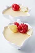 White mousse au chocolat with raspberries and chocolate leaves