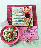 Kachumber salad with coconut and Vietnamese spring rolls