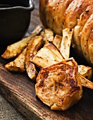 Parsnips and cinnamon apples as a side to pork roulade