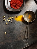 Chili powder, turmeric cardamom seeds