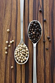 Black and white peppercorns on two spoons