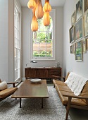 Narrow living room with 50s furniture