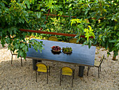 Garden still life with fruit bowls on a table