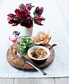 Potted shrimps from Morecambe, Melba toast and cucumber salad (England)