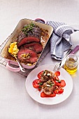 Minute steaks on pepper-carpaccio and roast beef with orange rice