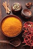 Various spices (dried chillies, turmeric, cinnamon, cardamom, star anise)