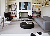 Contemporary, designer living room with 60s wingback armchair in reading corner