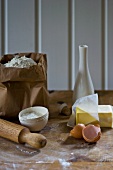 Assorted baking ingredients (flour, eggs, butter)
