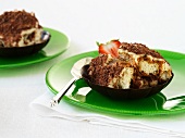 Tiramisu with strawberries in a chocolate shell
