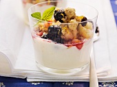 Apple crumble with blueberries on sour cream mousse