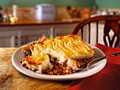 Shepherd's pie (ground beef casserole with mashed potatoes on top, England)