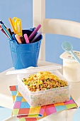 Fried organic rice in a lunchbox for school