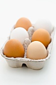 White and brown eggs in an egg box