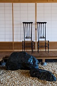 Boulders on gravel floor and pair of chairs on platform in front of Japanese wall