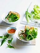 Rice noodles with tofu puffs, Asian herbs and chili sauce