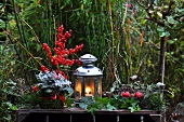Advent garden decoration with lantern