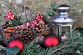 Advent arrangement with lantern in garden