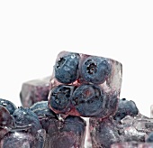 Several ice cubes with blueberries