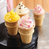 Assorted Flavored Ice Cream Cones; White Background