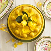 A simnel cake on an Easter table (seen from above)