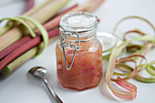Rhubarb marmalade in a preserving jar