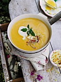 Cream of pumpkin on a rustic table