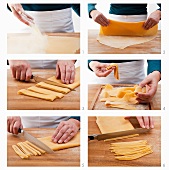 Various types of tagliatella being cut by hand
