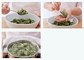 Spinach dumplings being made and cooked
