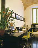 Kleines Architekturstudio in stilvollem, römischen Loft mit Ziegelgewölbe; lindgrüne Stühle zu klassischem Schwarz für Tischplatten und Boden