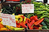 Various chilli peppers at the Pike Place Market, Seattle, USA