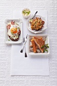 Ham and egg on toast, fried potato cakes with ramsons and French toast with mushrooms