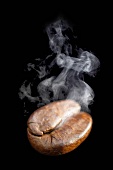 A freshly roasted coffee bean with steam