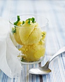 Lemon sorbet with candied fruits and herbs
