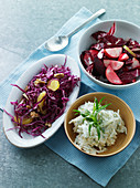 Celeriac salad, red cabbage salad and radicchio with beetroot and apples