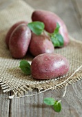 Red potatoes and oregano on a piece of jute