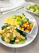 Curried Chicken with Sweet Potatoes and Bananas; Fresh Pineapple Slices