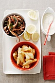 Grilled herb octopus and fish tempura with lemon mayonnaise