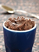 Mousse au chocolat in a blue cup