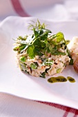 Crab tartar with peas and herbs